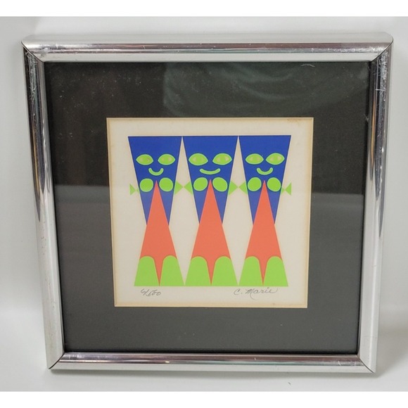 Vtg MCM 1970s C. Marie Signed Numbered‎ Geometric Print Framed Syroco Serigraph